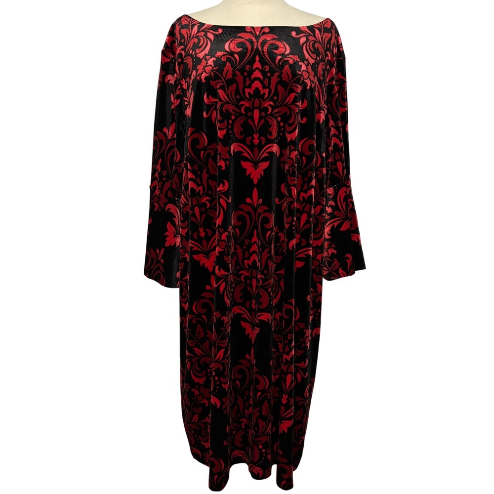 Studio One 22W Velvet Burnout Dress Red Black Whimsigoth‎ Damask Bell Sleeve